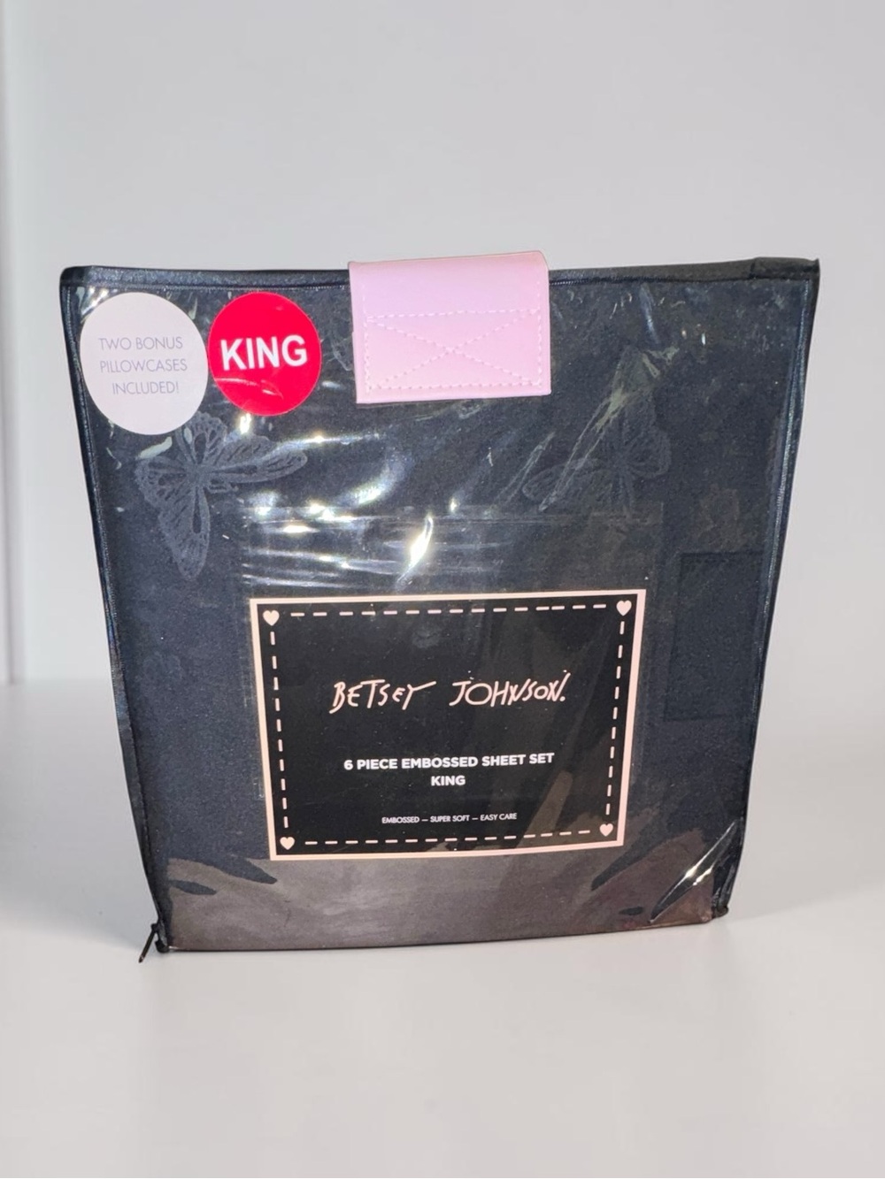 Betsey Johnson King 6 Piece Embossed Sheet Set Black Floral NEW